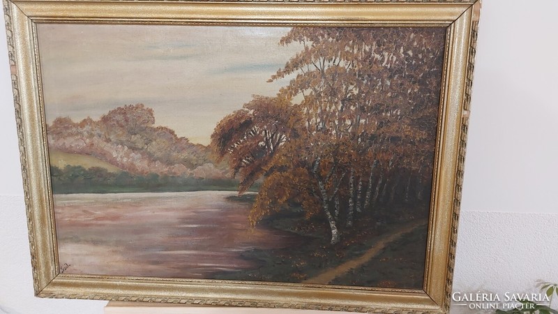(K) landscape painting with frame 80x57 cm, river bank with size marking