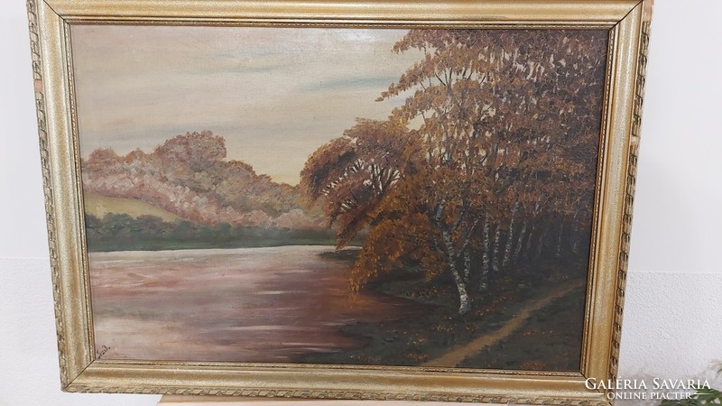 (K) landscape painting with frame 80x57 cm, river bank with size marking