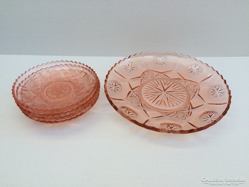 Régi üveg rózsaszín süteményes tányér desszert kínáló készlet 5 db