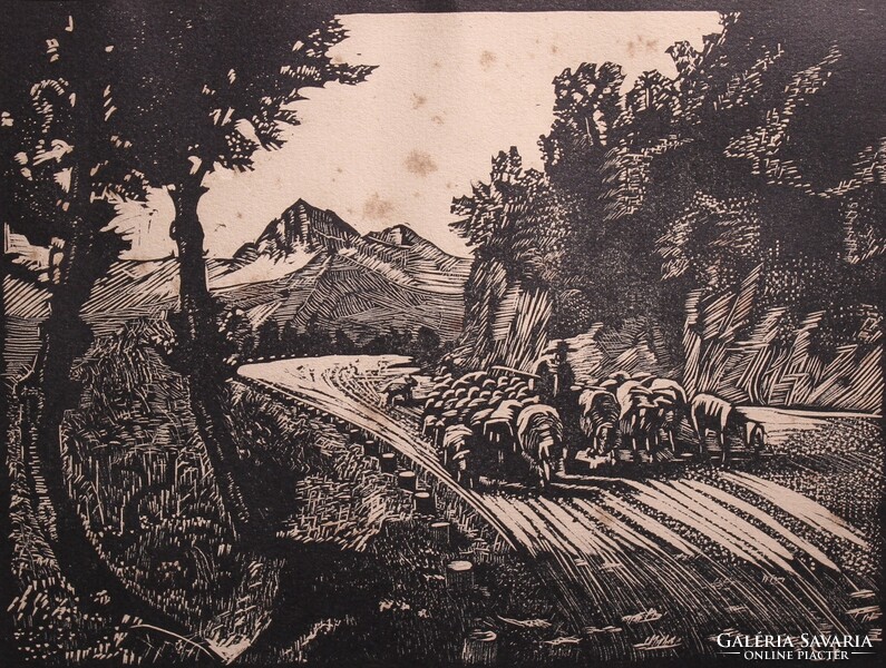 The shepherd on the road - woodcut (Italian graphic work) shepherd, farm world