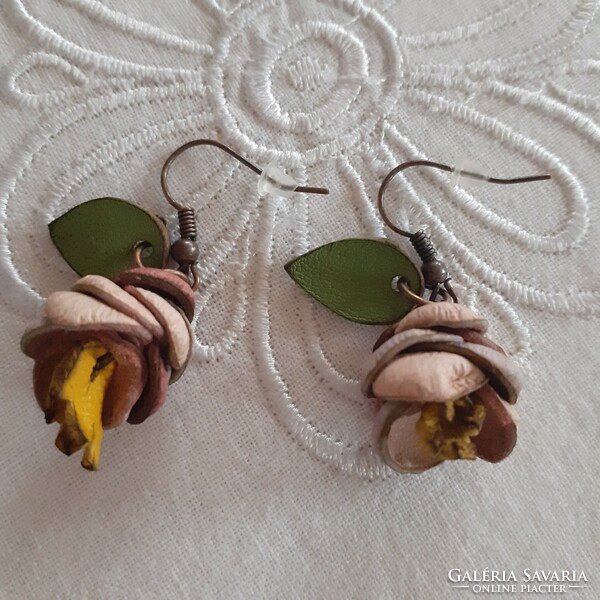 Powder pink-yellow-green leather flower earrings
