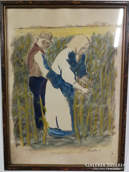 Kukoricatrók - József Kozta, watercolor colored lithograph