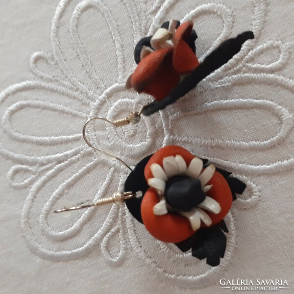 Black-white-red leather flower earrings