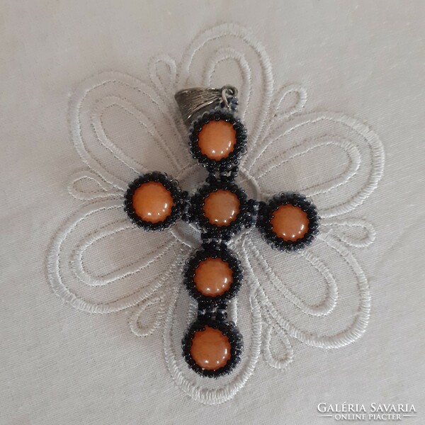 Orange aventurine mineral, beaded cross pendant