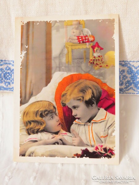 Reprint postcard based on an antique Christmas postcard, children, toys