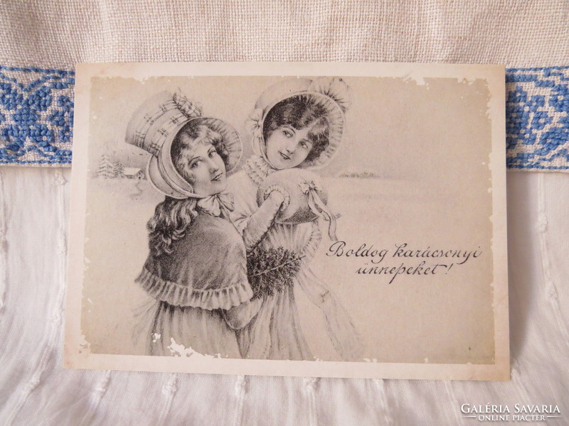 Antik karácsony képeslap alapján készült REPRINT képeslap, elegáns hölgyek, téli táj