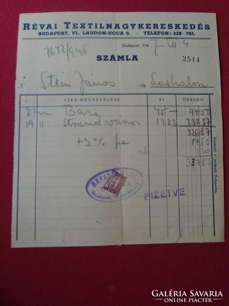 DEL012.4  Régi  számla - RÉVAI  Textil nagyker - Stein  János -Sashalom - 1947