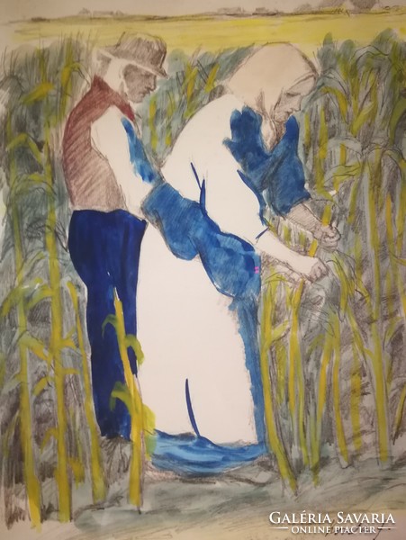 Kukoricatörők-Koszta József, akvarellel színezett litográfia