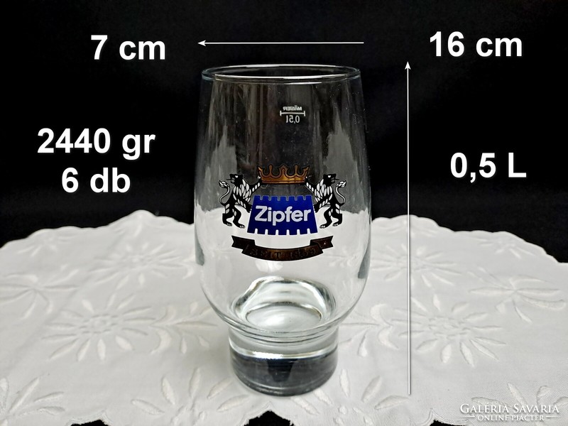 6 db új sörös pohár, Zipfer felírat 0,5 liter