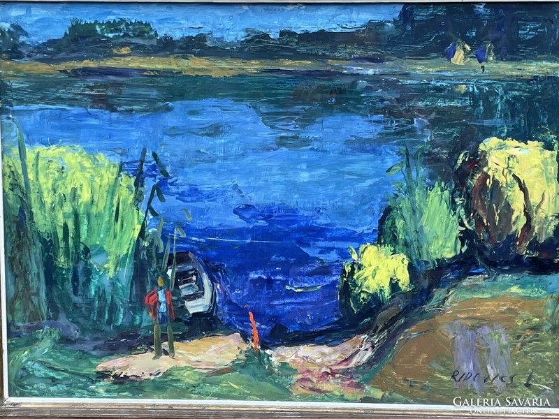 László Ridovics: lake shore landscape with boat, figure 72x97cm!!