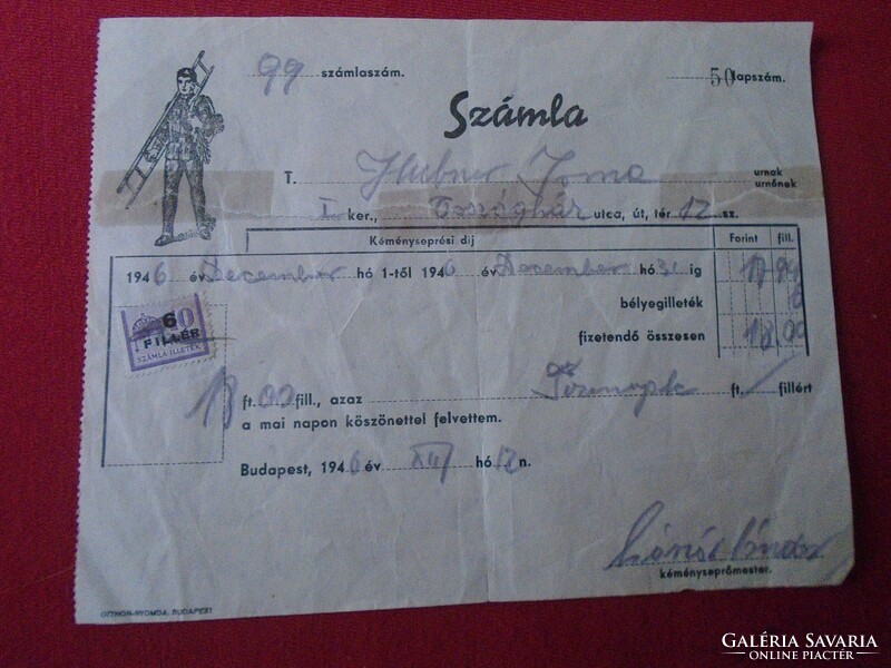 Del013.11 Chimney sweep - bill - 1946 Budapest
