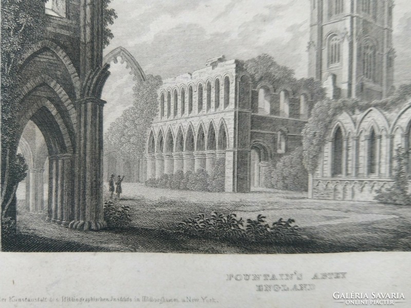 Fontain's Abbey in England. Original woodcut ca. 1840