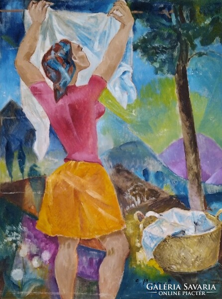 Ritkaság! Marczell György, eredeti festménye! Teregető lány! 80x60 cm, plusz üvegezett keret!