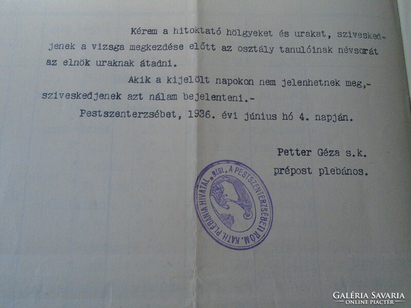DEL013.7 Pestszenterzsébet r.k. plébánia- Hittan vizsga -rend  1936