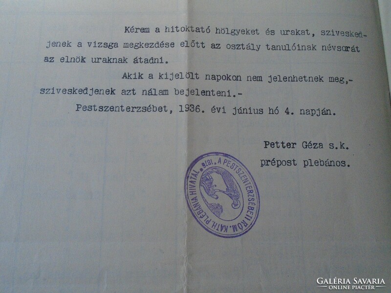 Del013.7 Pestszenterzsébet r.K. Parish religion exam order 1936