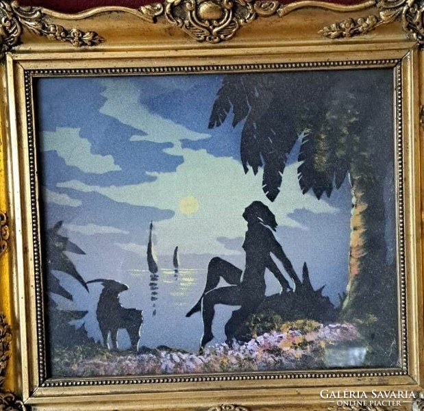 Art-deco silk painting. Nude with a goat. (without frame)