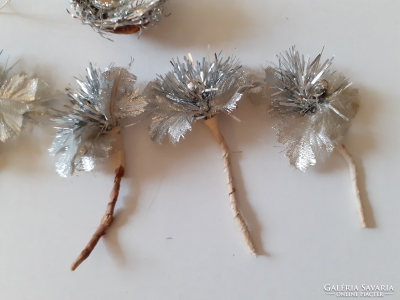 Retro 6 db karácsonyi ezüst lametta virágok betűződísz dióhéjbölcső