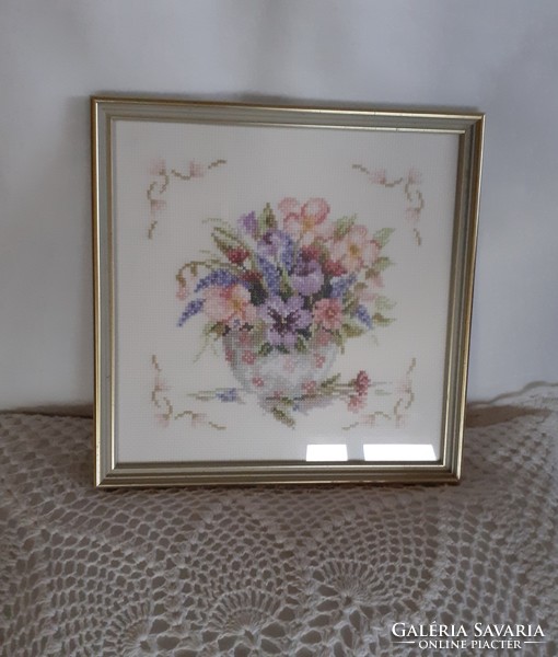 Bouquet of flowers with pansies - a beautiful framed glazed cross-stitch wall picture