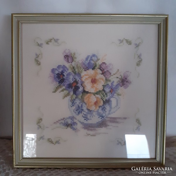 Bouquet of flowers with pansies - a beautiful framed glazed cross-stitch wall picture
