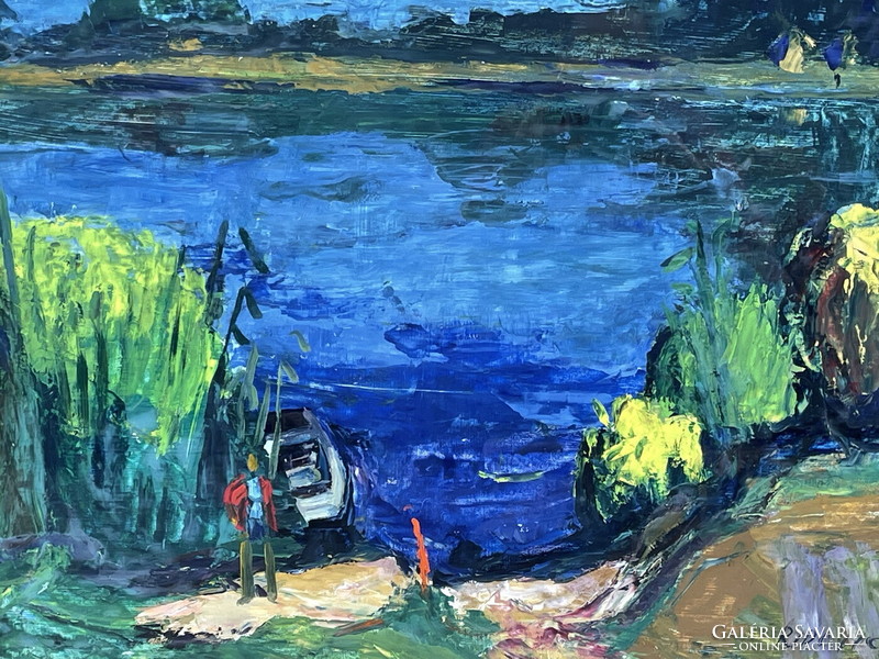 László Ridovics: lake shore landscape with boat, figure 72x97cm!!