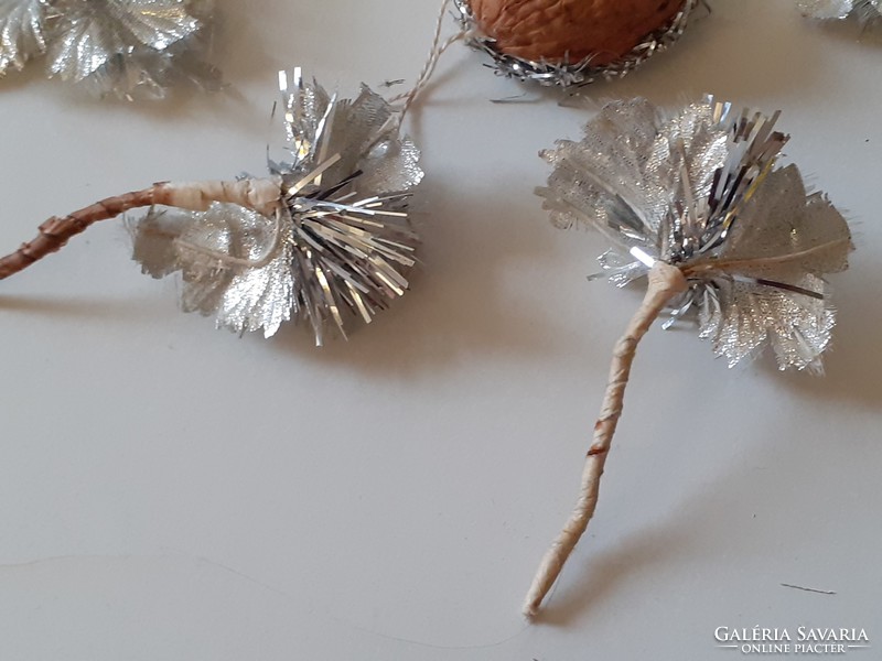 Retro 6 db karácsonyi ezüst lametta virágok betűződísz dióhéjbölcső