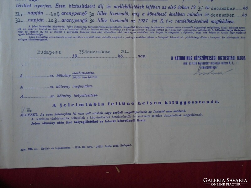 DEL014.1 A Katholikus Népszövetségi Biztosítási Iroda - Tűzkár biztosítási kötvény 1935  ritka