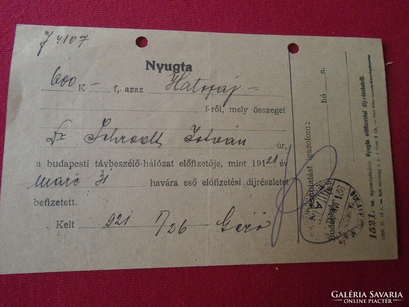 Del012.15 Telephone receipt 1921 600 kroner Budapest telephone fee