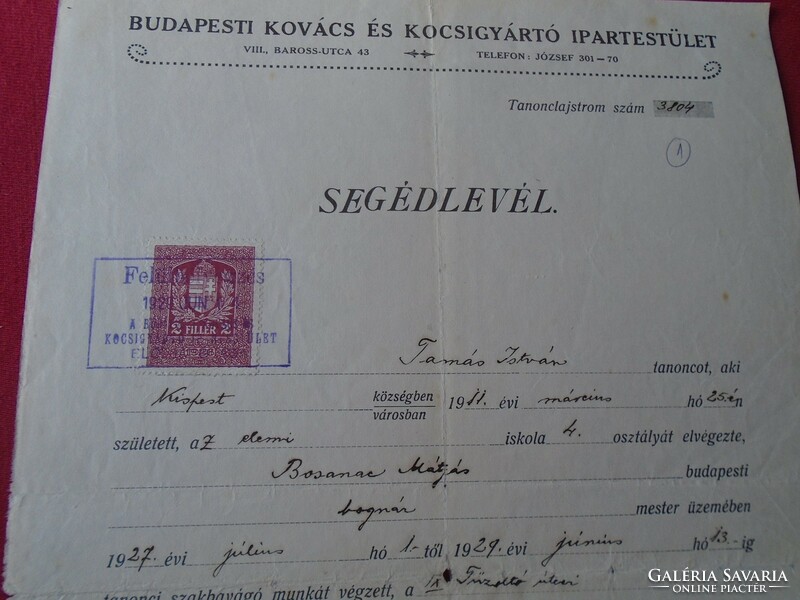 Del013.30 Helper's letter - istván tamás - helper of Mátyás Bosanac Bognár 1929