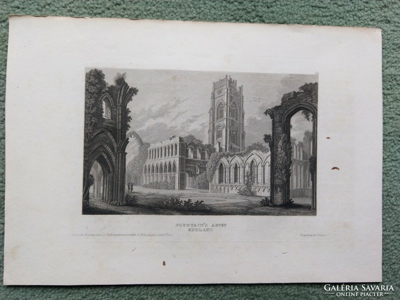 Fontain's Abbey in England. Original woodcut ca. 1840