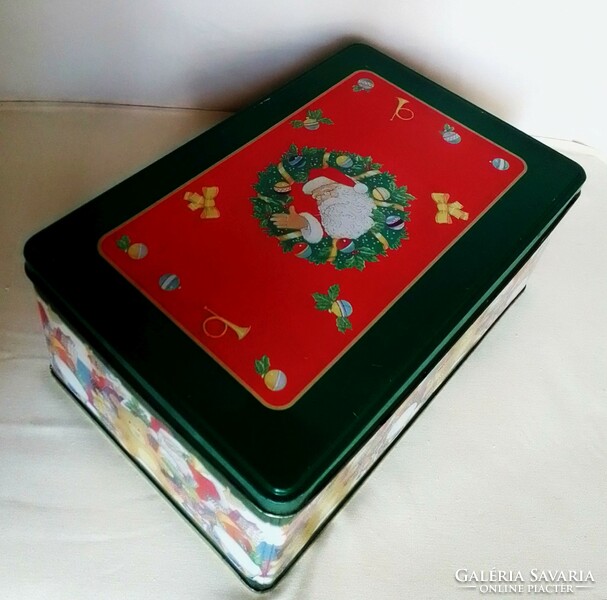 Karácsonyi fém doboz dekoráció fenyőzöld piros Mikulás Télapó maci bohóc játék ajándék fa kisvasút