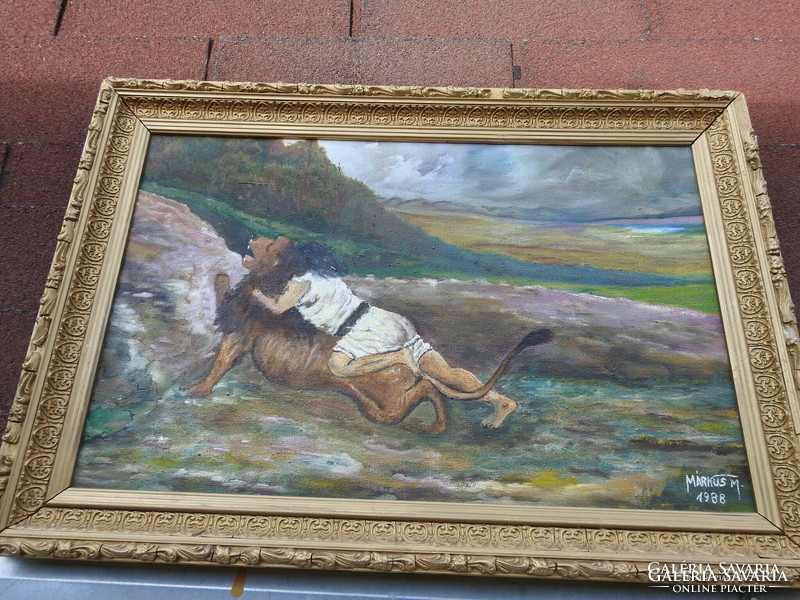 Sámson harca az oroszlánnal _ jelzett olaj / vászon festmény