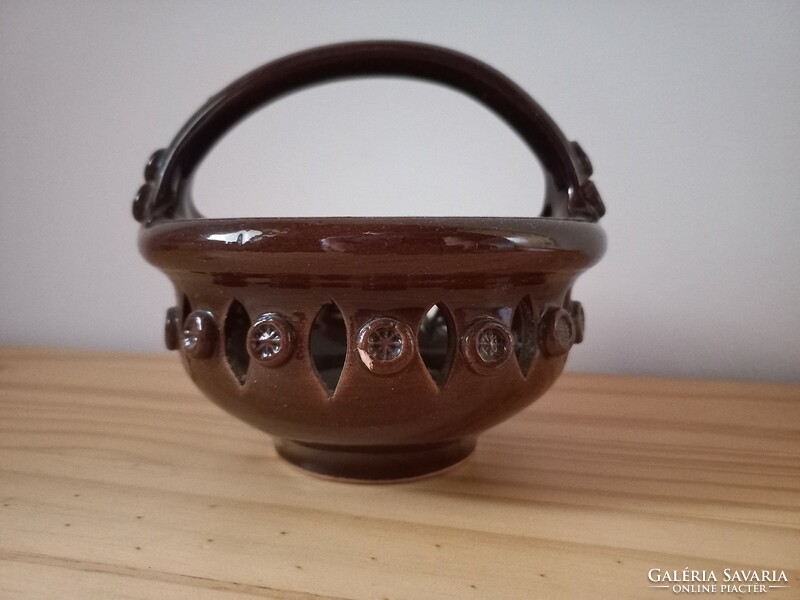 Brown glazed ceramic basket, 12 cm and 11 cm high