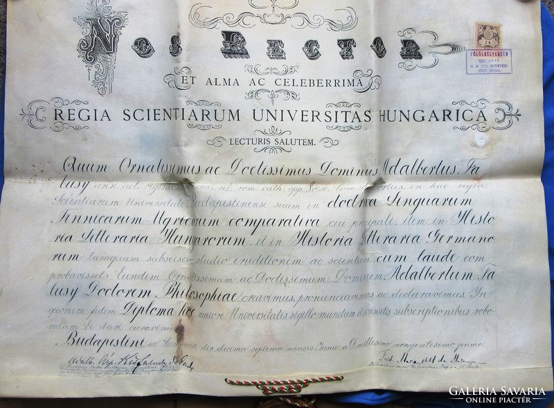 Régi /pergamen/diploma 1901 Bp, bölcsészdoktori diploma, fatokos viaszpecséttel.