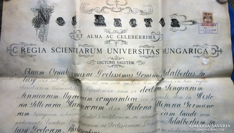 Régi /pergamen/diploma 1901 Bp, bölcsészdoktori diploma, fatokos viaszpecséttel.