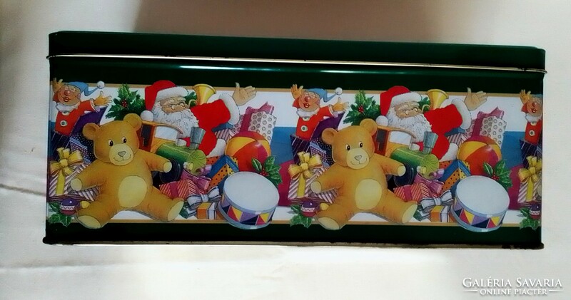 Karácsonyi fém doboz dekoráció fenyőzöld piros Mikulás Télapó maci bohóc játék ajándék fa kisvasút