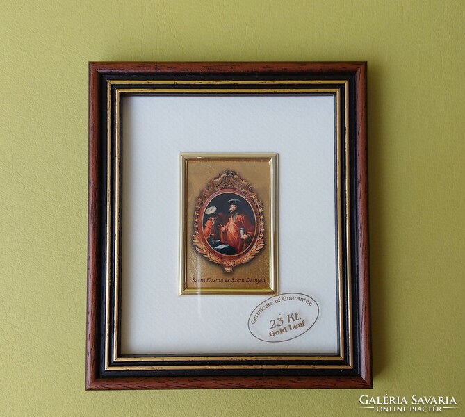 Miniature gold picture, wall picture printed on a gilded plate - Saint Cosma and Saint Damian
