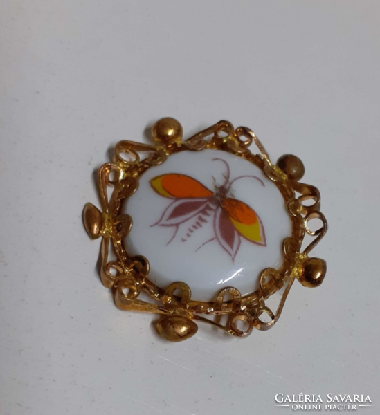 Gilt frame brooch pin porcelain inlaid with butterfly stone on it