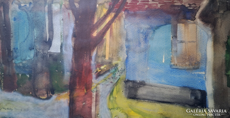 András Berecz (1929-2010): forest house, 1970 (watercolor, framed 53x73 cm) painter from Nyíregyháza