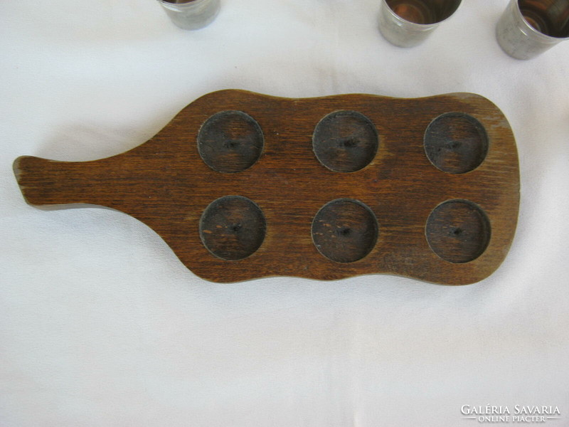 Retro pálinka serving set of 6 pewter brandy glasses on a wooden tray