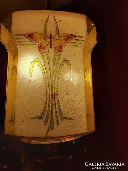 Szecessziós antik réz függesztett lámpa,savmaratott és festett búrával