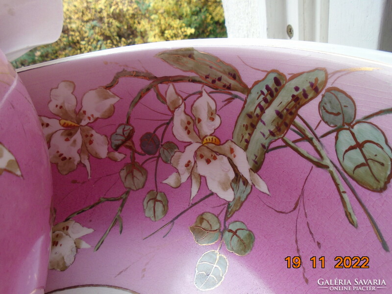 19 szKézzel festett aranykontúrozott ORCHIDEA mintával Grandiózus,pink francia fajansz mosdó készlet