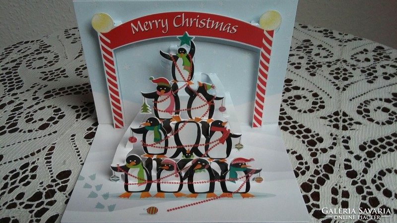 Háromdimenziós pingvines karácsonyi képeslap
