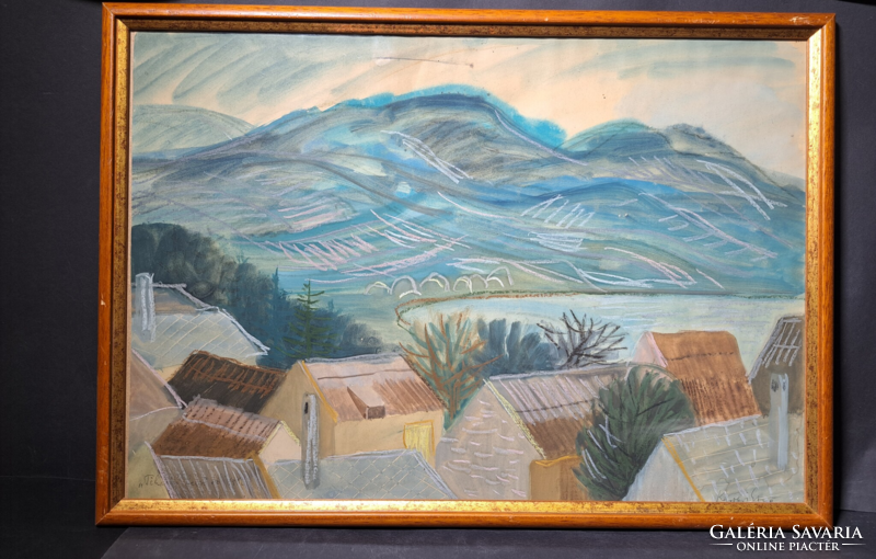 Ernő Károlyi: the internal lake in Tihany (painting with frame, 46x64 cm) Tihany in the 60s, Balaton