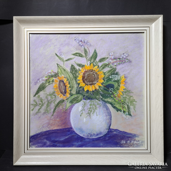 Napraforgók - csendélet szép keretben (pasztell, papír, kerettel 48x48 cm) virágos váza, kortárs