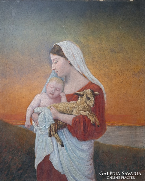 Mária a gyermek Jézussal és egy kisbáránnyal (olaj, 42x36 kerettel) Biblia, vallásos kép, anyaság