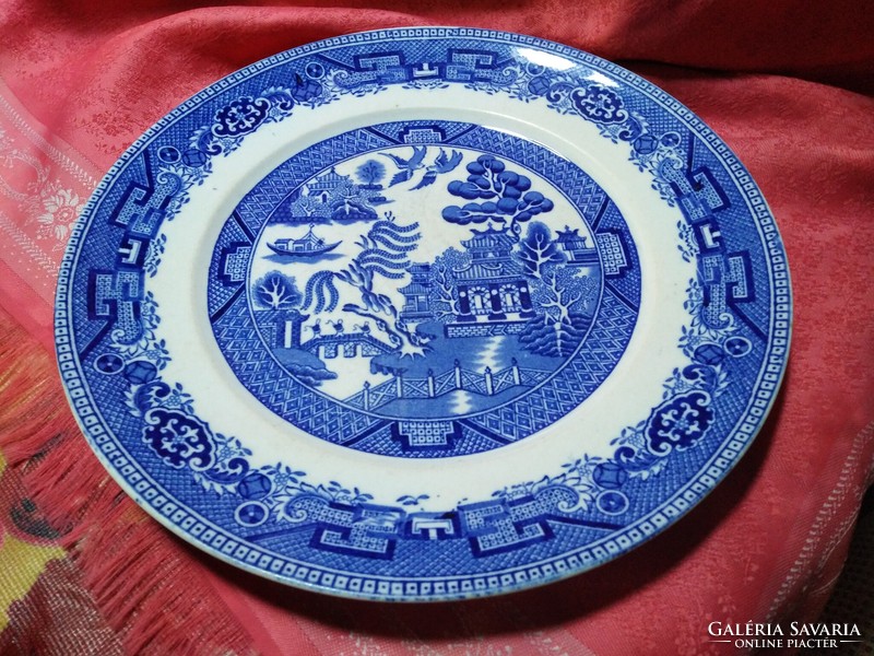 Old willow pattern, English porcelain pagoda bowl, plate