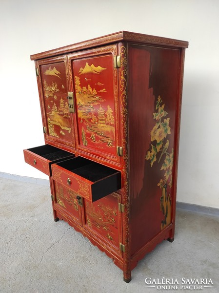 Antique Chinese furniture gold relief painted exotic English red lacquer cabinet 834 6299