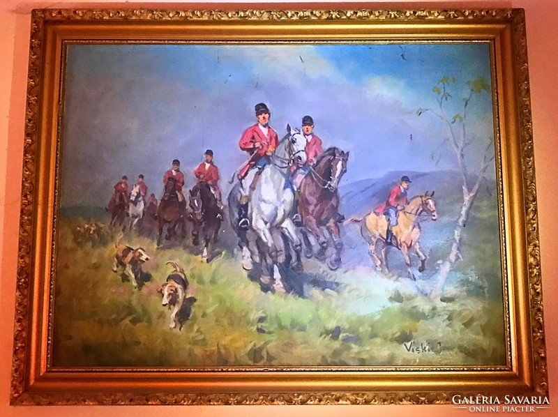 János Viski: hunting with hounds - original oil painting (canvas, 60x80)