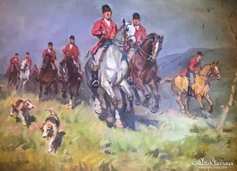 János Viski: hunting with hounds - original oil painting (canvas, 60x80)
