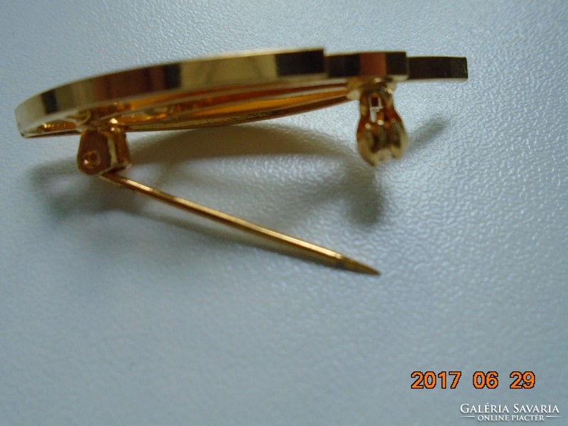 Gold-plated brooch with rhinestones, safety clasp